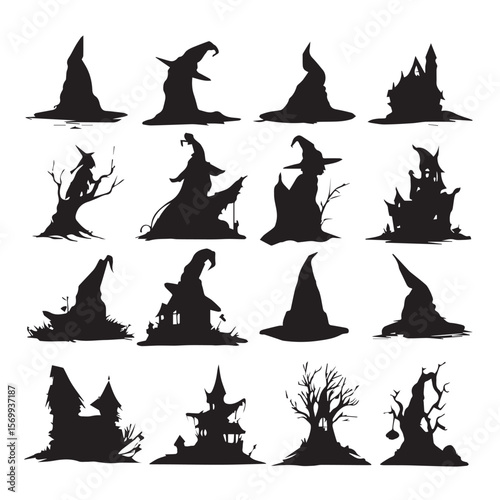 witches hat silhouette set, Black & White silhouette set 