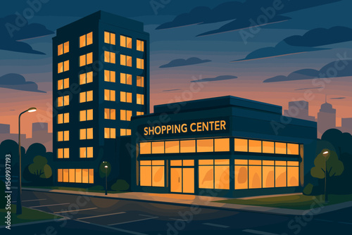 Modern shopping center and office building exterior at dusk, glowing illuminated windows, urban business architecture, street parking, trees, landscaped lawn, cityscape background