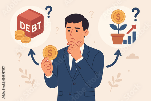 Financial decision making dilemma, businessman investor holding coin choosing between paying off debt or investing for profit, money management, investment strategy, risk analysis
