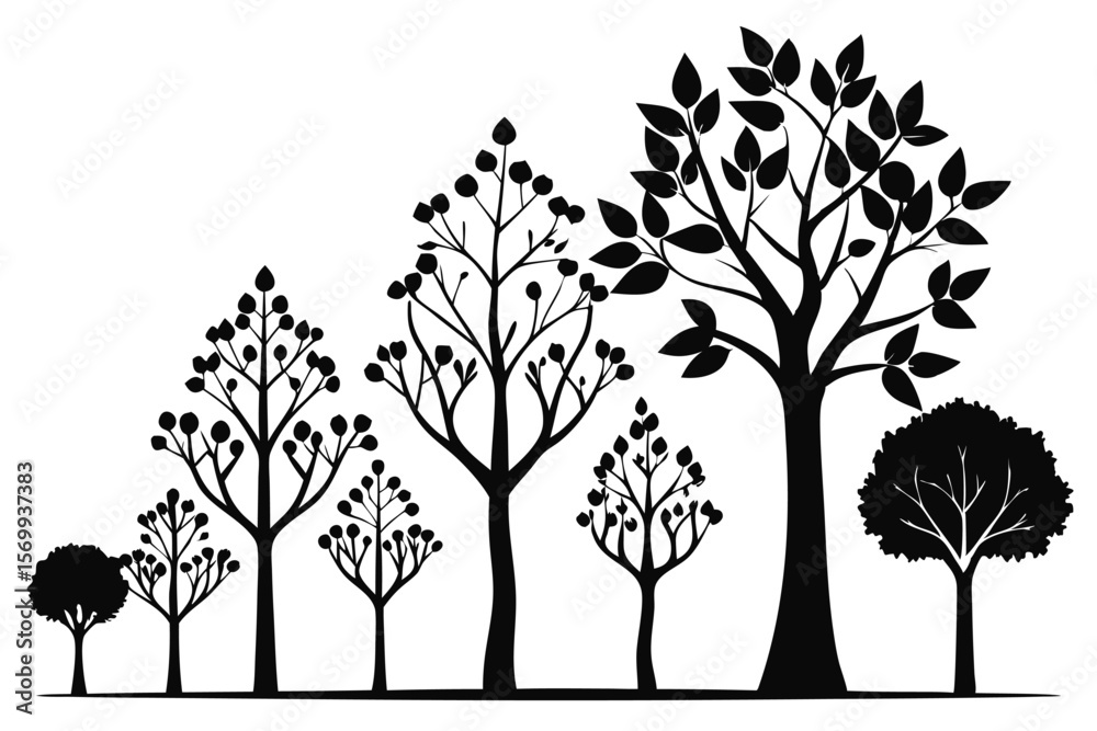 Obraz premium Assortment of Black Silhouette Tree Illustrations Featuring Different Shapes and Sizes, Isolated Against White