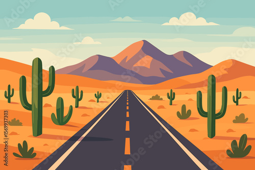 Endless Desert Highway, Cactus Landscape, Mountain Horizon, Flat Vector Illustration, Sunny Day, Road Trip, Southwestern Nature, Travel Adventure, Arid Scenery, Modern Design