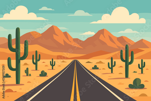 Endless Desert Highway with Cacti, Sand, and Majestic Mountains, Flat Vector Illustration, Scenic Road Trip, Southwestern Landscape, Travel Adventure Concept