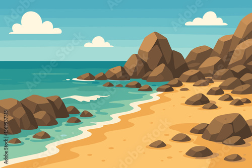 Rocky Coastline Beach Landscape. Scenic Rocky Shore, Ocean Waves, Sandy Beach, Blue Sky, Modern Flat Vector Illustration. Coastal Nature, Seaside, Summer Vacation, Outdoor Adventure, Tranquil Seascape