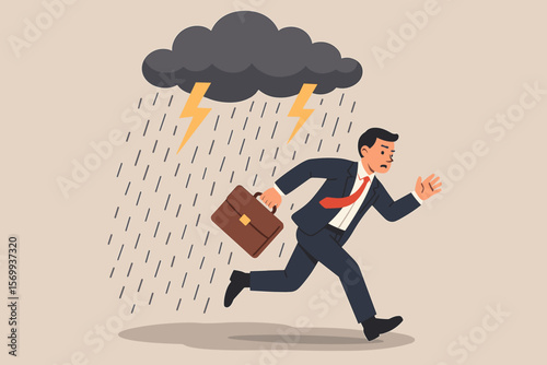 Businessman Running from Crisis Concept. Escaping Catastrophe, Misfortune, Bankruptcy, Danger, Failure, Overwork, Anxiety, Work Stress Under Storm Cloud with Lightning