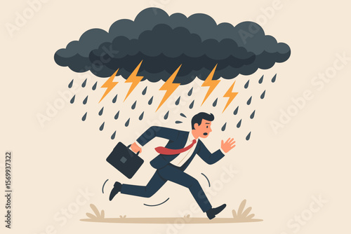 Businessman running from crisis, escaping disaster, financial failure, bankruptcy, workplace stress, anxiety, misfortune, thunderstorm, lightning, risk, danger, adversity concept
