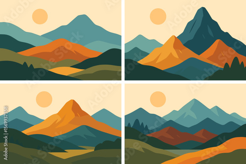 Modern Abstract Mountain Landscape Vector Set. Minimalist Nature Scenery, Geometric Mountain Range, Sunset, Sunrise, Postcard Design, Flat Illustration, Outdoor Adventure, Travel Art
