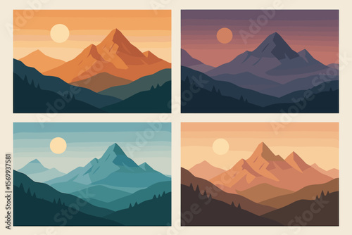 Abstract Mountain Landscape Vector Set. Minimalist Nature Scenery. Modern Flat Design. Sunrise Sunset Postcards. Layered Peaks. Outdoor Adventure. Travel Poster Art.