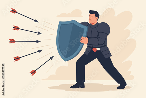 Businessman in Armor Holding Shield Defending Against Arrows, Symbolizing Protection from Threats, Security Attack, Business Risk, Insurance, Safety, Defense Concept Illustration