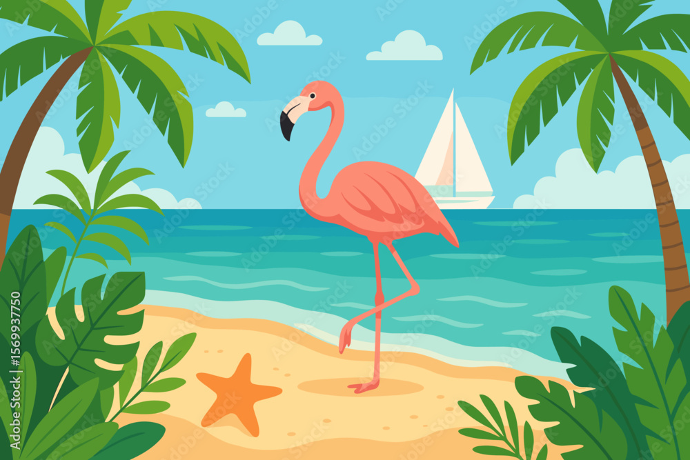 Fototapeta premium Tropical Beach Flamingo Paradise, Palm Trees, Sailboat, Starfish, Exotic Leaves, Summer Vacation, Seaside Landscape, Pink Flamingo, Ocean Coast, Relaxation, Vector Illustration