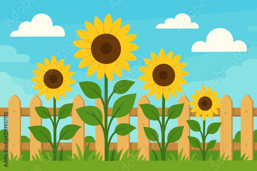 Sunflowers Garden Wooden Fence Blue Sky Clouds. Vibrant Sunflower Field, Green Grass, Summer Nature Landscape, Rural Countryside, Blooming Flowers, Outdoor Scene, Vector Illustration