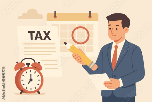 Tax deadline reminder, income tax planning, government payment date, financial refund, business schedule, revenue calculation, businessman with tax document and clock