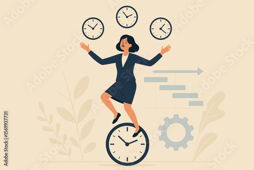 Businesswoman Balancing Time Management, Productivity, Project Scheduling, Fast Work, Efficiency, Juggling Clocks, Controlling Deadlines, Organization, Multitasking Concept
