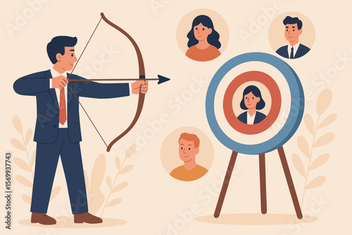 Target audience concept for advertising and HR recruitment, businessman aiming bow at job vacancy and customer search, focus group research, client finding and marketing strategy