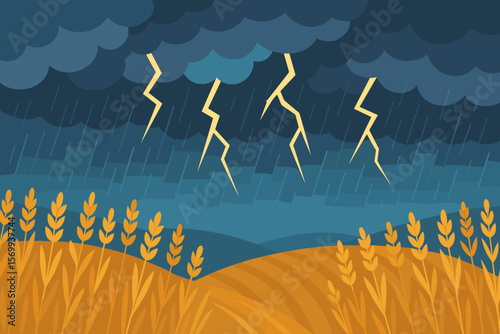Dramatic Thunderstorm Lightning Strikes Over Golden Wheat Field, Heavy Rainfall, Dark Storm Clouds, Agriculture Nature Landscape, Modern Flat Vector Illustration