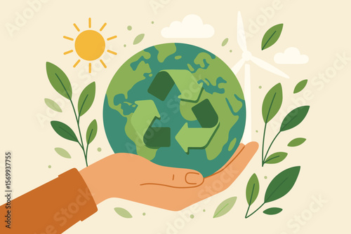 Sustainable Earth Care Concept. Hand Holding Globe with Recycle Symbol. Renewable Energy, Green Leaves, Sun, Wind Turbine. Climate Change, Ecology, Environmental Protection