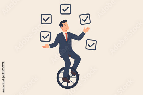 Businessman Balancing Tasks Multitasking on Unicycle, Project Management Productivity, Checklist Accomplishment, Professional To-Do List, Task Completion, Efficiency Concept
