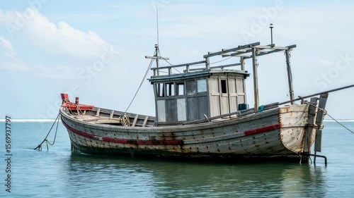 Weathered wooden fishing boat anchored in calm tropical sea. Traditional Asian trawler with rustic charm. Coastal scene with turquoise water and blue sky. Marine life concept.