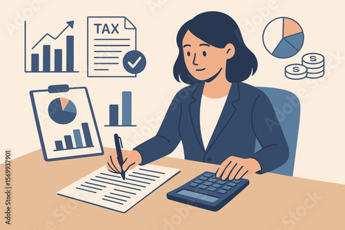 Businesswoman Accountant Calculating Taxes, Managing Financial Documents, Analyzing Office Charts, Preparing Money Reports, Auditing Balance Sheets, Finance and Accounting Concept