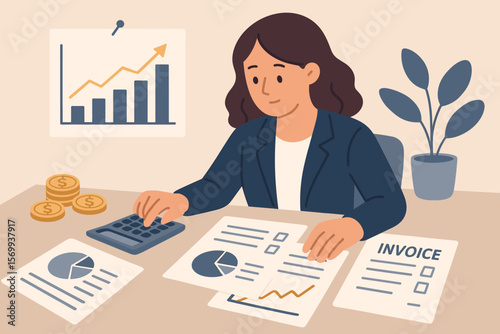 Businesswoman accountant calculating tax, managing finance documents, analyzing invoices, auditing money reports, office financial charts, graphs, balance sheet, bookkeeping
