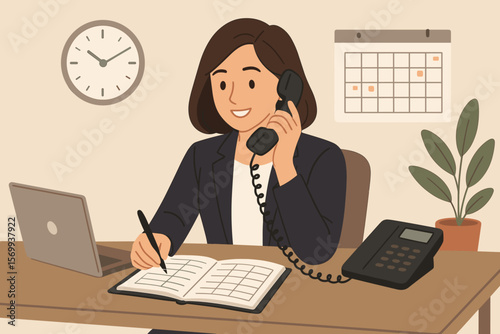 Office administrator or secretary multitasking at desk, answering telephone, scheduling appointments, managing calendar, businesswoman receptionist, workplace organization concept