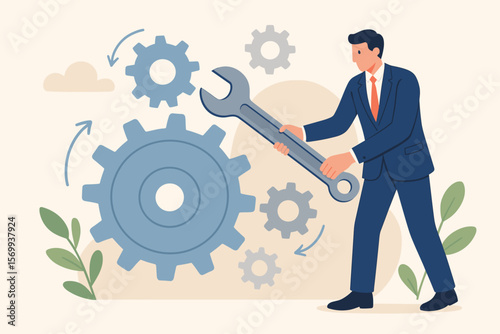 Business process optimization and improvement concept. Businessman holding wrench adjusting gears for maintenance, repair, workflow fine-tuning, change management, efficiency