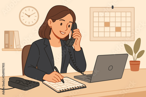 Office administrator or assistant working as secretary, accountant, or receptionist answering telephone, scheduling appointments, coordinating calendar, businesswoman at desk