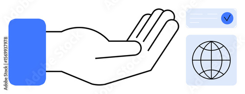 Outstretched hand with a globe icon and document with a check mark. Ideal for support, global connection, service, charity, responsibility, trust, collaboration. Clean and simple flat metaphor