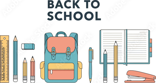 Back to school supplies illustration, backpack, pencils, notebook, ruler, eraser, pen, stapler vector