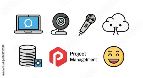 Illustration of laptop webcam microphone cloud database project management and emoji icons set on white