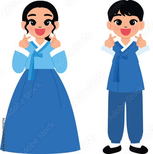 happy Korean children wear traditional hanbok costume for chusoek day, smile man and woman cartoon character making finger heart illustration