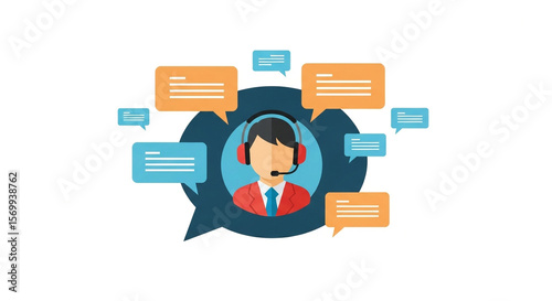 Illustration of a customer service representative with chat bubbles around them on a white background
