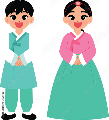 happy Korean children wear traditional hanbok costume for chusoek day, smile man and woman cartoon character with happiness illustration