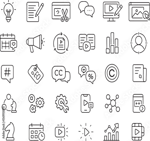 Collection of modern digital marketing and business icons representing ideas content creation communication analytics and strategy in a clean outline style