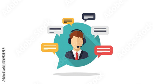 Illustration of a customer service representative with speech bubbles around them on white background