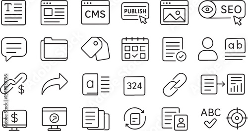 Collection of modern outline icons representing various digital marketing and business concepts for websites and applications