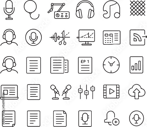 A collection of simple line art icons representing podcasting and audio recording equipment and concepts for digital media creation