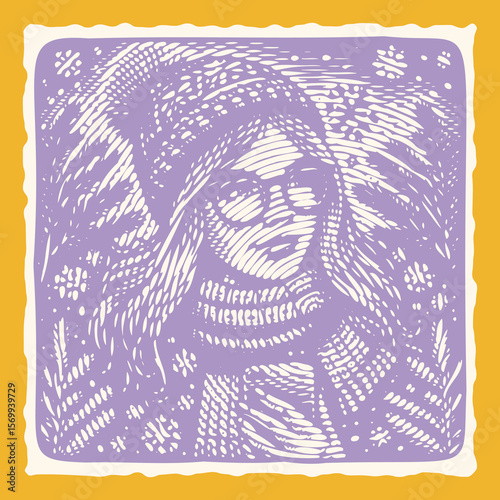 Purple Color Young Woman in Glasses Wearing Winter Clothing Surrounded by Snow and Christmas Tree, Heavy Lined Effect Hand Drawn Postal Stamp Style Vector Illustration