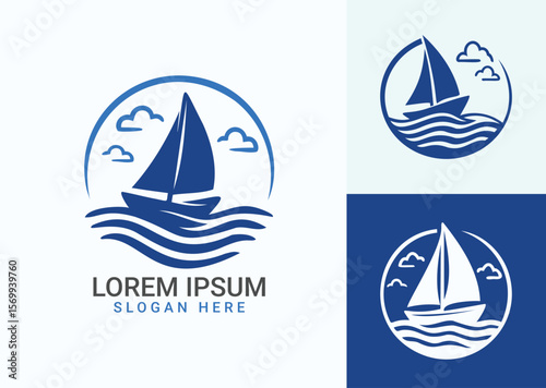 Sailboat logo in blue circle, nautical design with waves and clouds