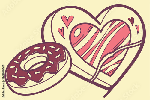 Illustration of two hearts with donuts on a beige background