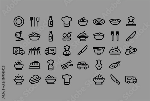 A collection of simple black line art icons representing various food and restaurant elements including plates cutlery chefs hats bottles bowls and delivery trucks
