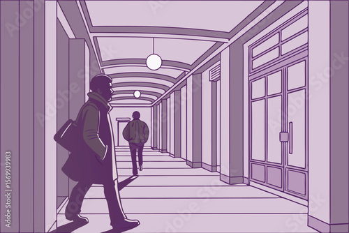 Illustration of a man walking in the corridor of a modern building