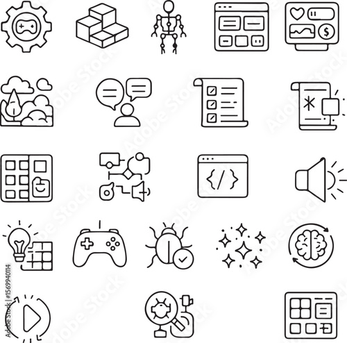 Collection of modern line art icons representing various aspects of digital technology gaming and creative processes