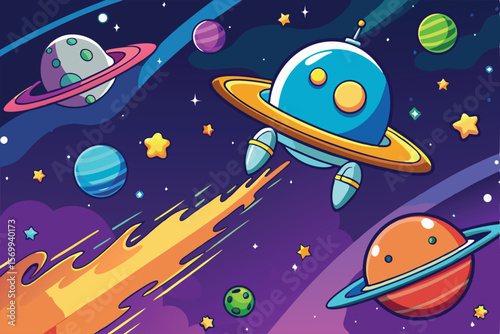 Illustration of a cartoon space background with planets, stars and spaceship