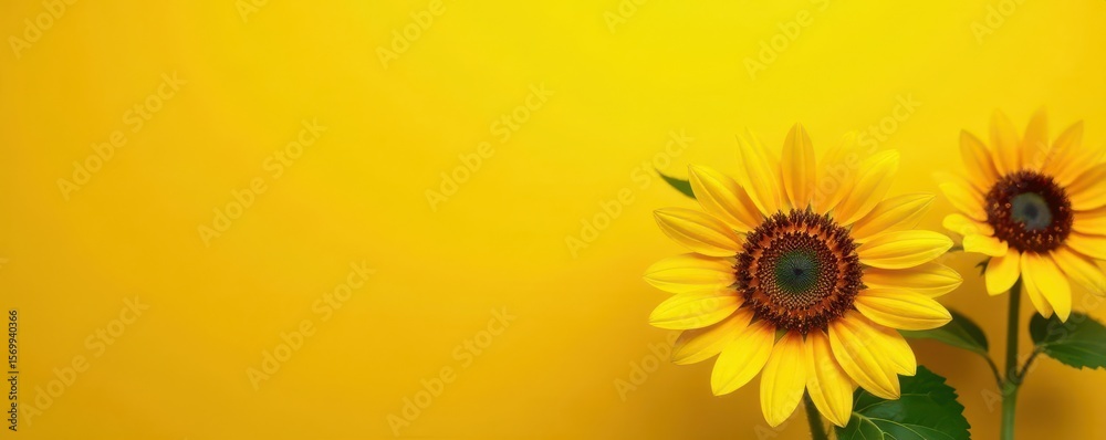 Obraz premium Vibrant sunflowers burst against sunny yellow backdrop, flower, sun