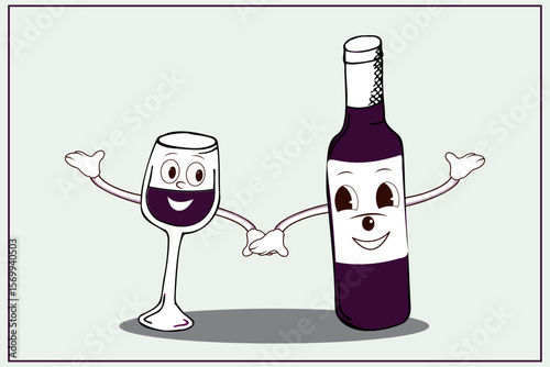 Characters, wine bottle and wine glass, holding hands, groovy style, mascot, wine, wine bottle, glass