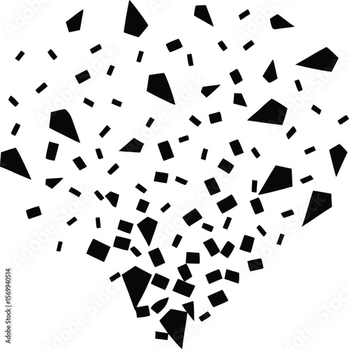 Abstract Burst: A dynamic illustration features a flurry of fragmented black shapes, creating a captivating visual effect, suggesting energy, impact, or deconstruction.