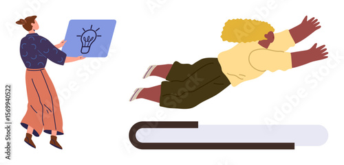 Woman presenting idea board, person jumping from a book as a springboard to symbolize creativity, innovation, and knowledge. Ideal for education, creative thinking, self-improvement, teamwork