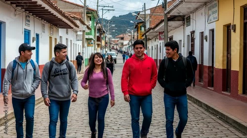 Young diverse group walking on cobblestone street in Latin American town. Multicultural friends exploring colorful colonial architecture. Travel and cultural exchange concept.