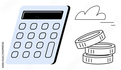 Calculator alongside stacked coins and a cloud, highlighting finance, budgeting, technology, economy, savings, investment, and profitability. Ideal for fintech accounting simple landing page