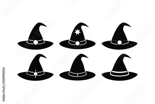 Collection of Six Stylized Black Witch Hats for Halloween